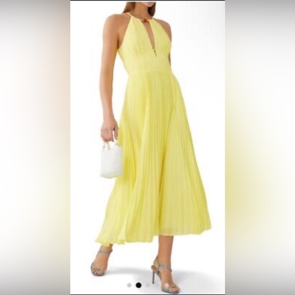 Simkhai Carli plissé-effect midi dress lemon yellow fully pleated gemstone Sz 2 - Picture 1 of 7